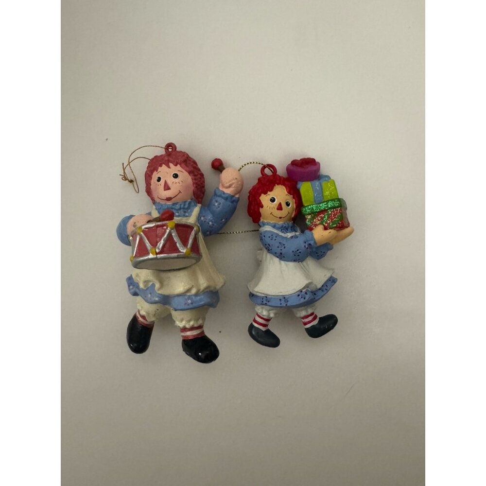 2 Vintage Raggedy Ann Doll Christmas Tree Ornaments, Drums And Present, Adorable